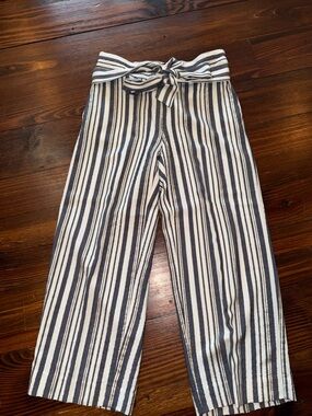 LOFT Navy & White Vertical-Stripe Tie-Waist Wide-Leg Pants